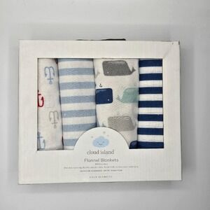 Cloud Island Baby Flannel Blankets Nautical Set Blue White Whales 30x30" 4 Pack